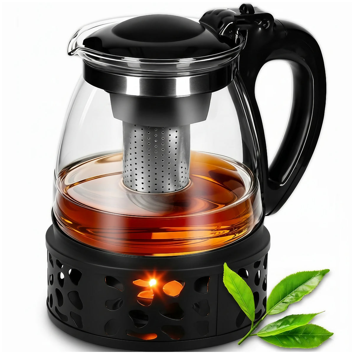 Zaparzacz do herbaty dzbanek szklany ze szkła 2000ml podgrzewacz zestaw zaparzacz dzbanek 2000 ml bezbarwny, czarny