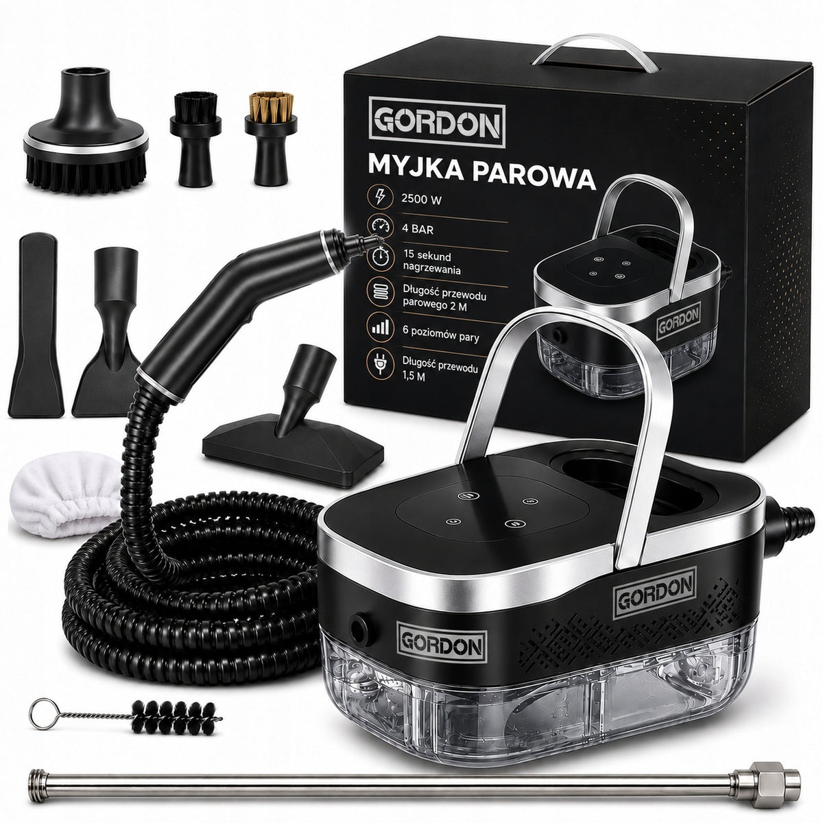 Myjka parowa uniwersalna do łazienki 2500 w 4 bar z regulacją pary czarna Parownica, czyszczenie fug, płytek i szyb