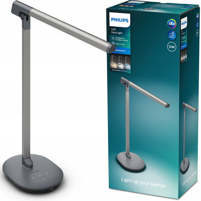 Lampka na Biurko LED Biurkowa Nocna Szkolna 12W dotykowa USB sword philips do czytania i pracy, zasilanie sieciowe, szara, wysokość 48,3 cm