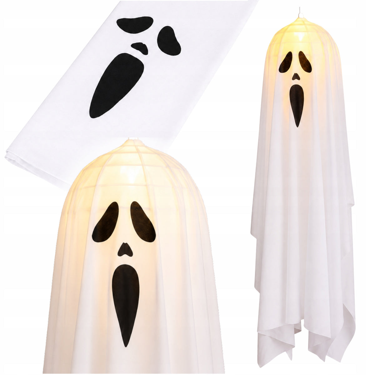 LAMPION WISZĄCY DUCH ŚWIECĄCA DEKORACJA HALLOWEEN DUSZEK OZDOBA BIAŁY 90CM widmo, zjawa, straszydło na imprezę