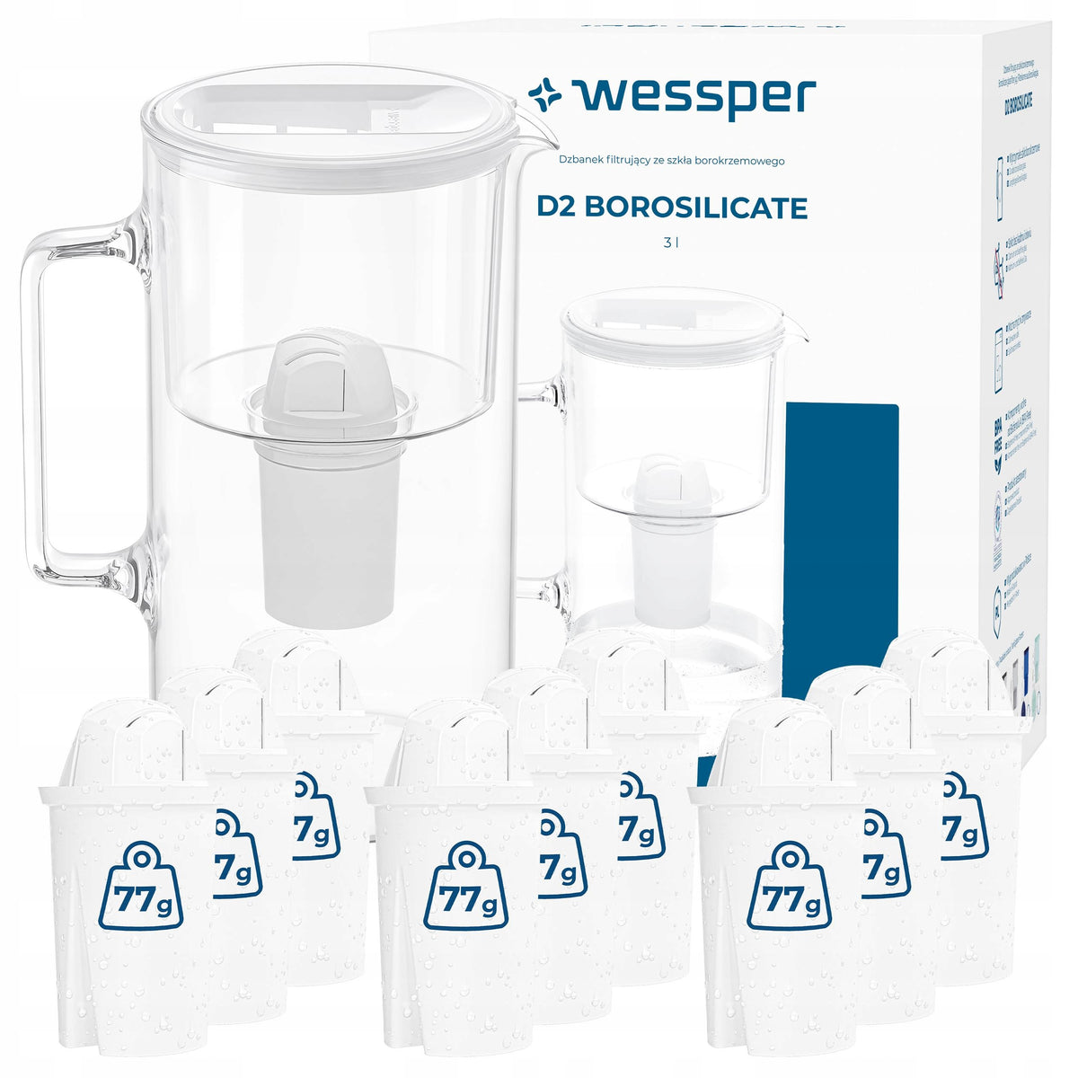 Dzbanek filtrujący szklany Wessper 3l Biały + 10x Filtr aquaclassic