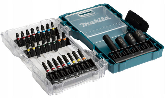 Zestaw bitów Makita E-07048 28 elementów końcówki wkrętakowe do wkrętarki, PH PZ Torx imbus płaski, 1/4 cala, 25 i 50 mm