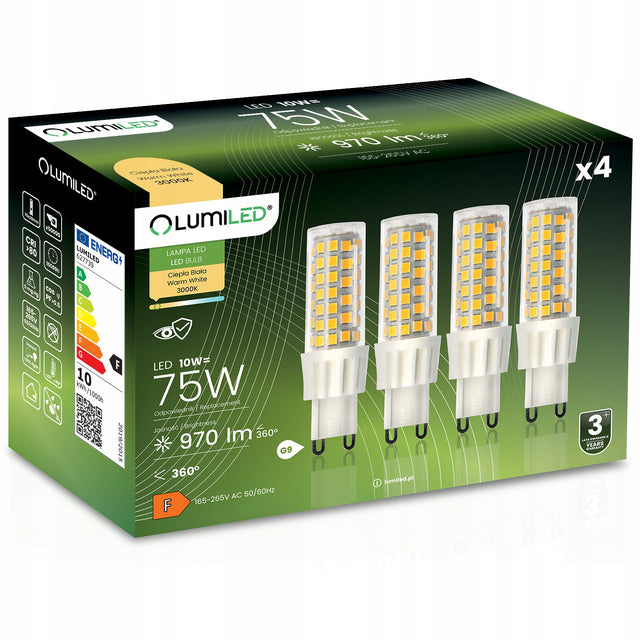 4x Żarówka LED G9 kapsułka 10W = 75W 970lm 3000K Ciepła 360° lumiled do lamp i żyrandoli, zamiennik halogenu, energooszczędne oświetlenie