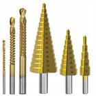 Wiertła stopniowe stożkowe 4-32 mm do drewna metalu z frezami 6 elementów choinkowe, trzpień walcowy, długość 90 mm