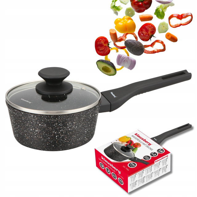 Klausberg KB-7986 Rondel 16cm Marmurowy Indukcja Gaz Nieprzywierający 1,2 L garnek do sosów z pokrywką, do zmywarki, z nienagrzewającymi się uchwytami