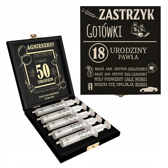 Zastrzyk gotówki prezent na urodziny 18 30 40 50 60 śmieszny pudełko grawer opakowanie na banknoty, upominek dla jubilata