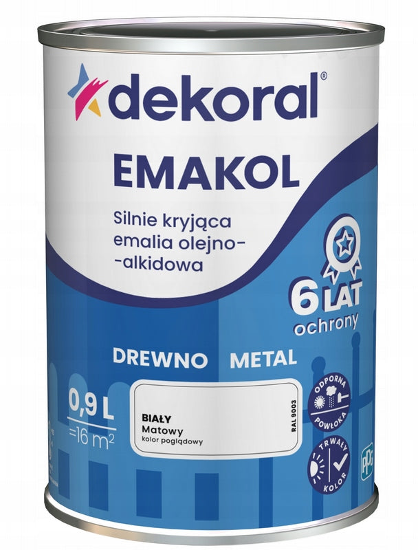 Dekoral emakol silnie kryjąca Emalia do drewna i metalu Biały Matowy 0,9l farba uniwersalna, wydajność 18 m²/l