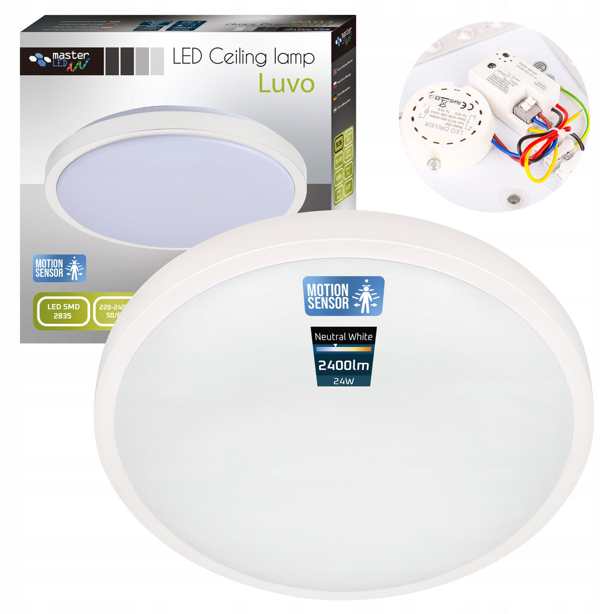 Lampa sufitowa Plafon LED z Czujnikiem Ruchu 24W 4000K panel natynkowy oprawa okrągła biała, neutralna barwa światła
