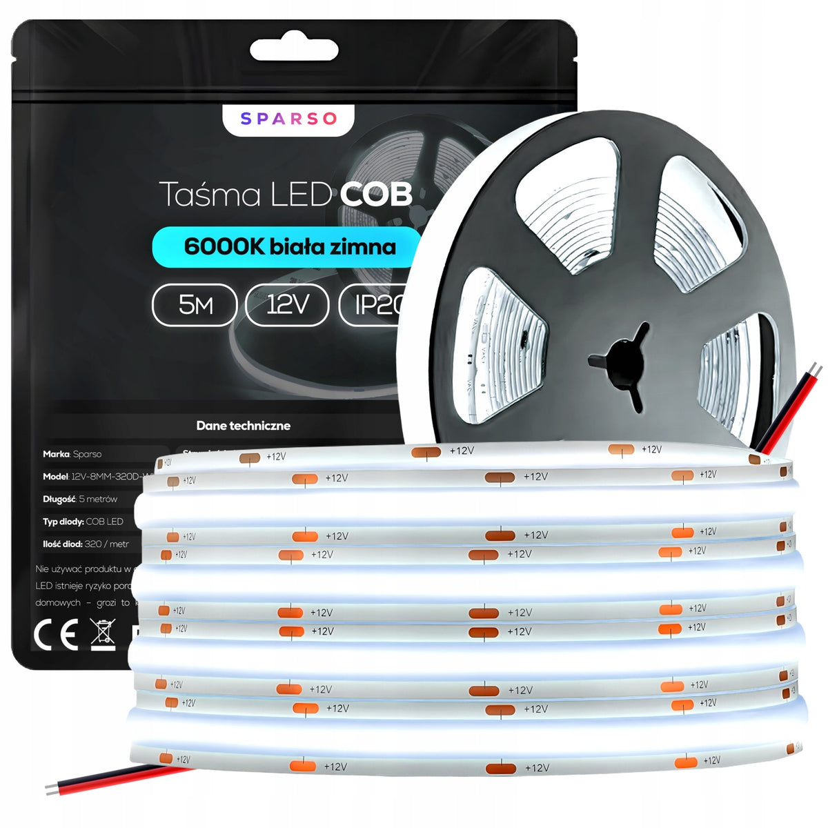 Taśma LED COB 12V 5m rolka 320 LED/m neon 6000K biała zimna mocna IP20 pasek świetlny, liniowe oświetlenie wnętrz