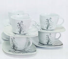 ZESTAW FILIŻANEK DO KAWY + SPODEK SERWIS KAWA 180 ML 6 OSÓB WZORY PORCELANA zastawa herbaciana 17 el., kwadratowa