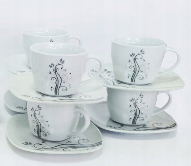 ZESTAW FILIŻANEK DO KAWY + SPODEK SERWIS KAWA 180 ML 6 OSÓB WZORY PORCELANA zastawa herbaciana 17 el., kwadratowa, biała, talerze, do zmywarki
