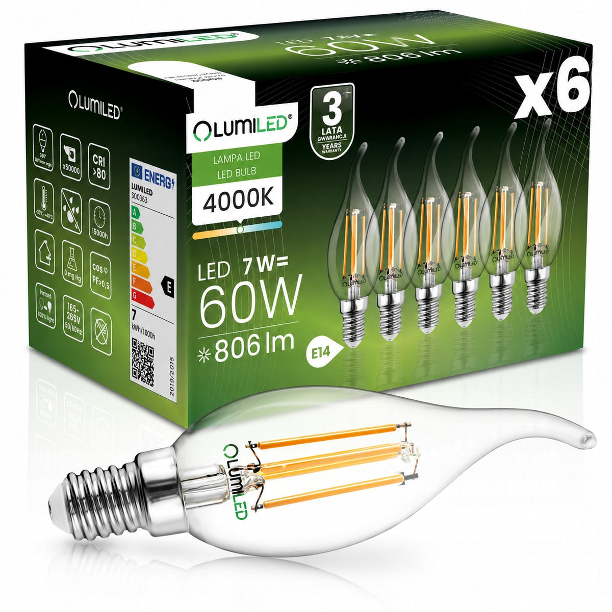 6x Żarówka LED Płomyk BA35 E14 7W = 60W 4000K Neutralna 360° Fil lumiled świeczka do żyrandola, 806 lm, źródło światła