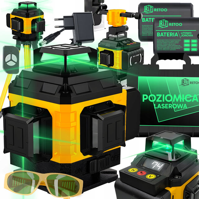 Poziomica laserowa poziomica krzyżowa 4D 16 linii laser + 2X AKU statyw XL zielone wiązki 360° do prac remontowych i budowlanych, zasięg 25 m