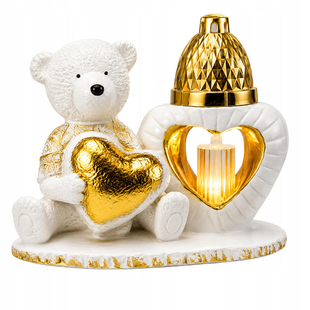 Znicz figurka nagrobna Złoty Miś Serce Lampka LED Latarenka grób dziecka ozdoba cmentarna, lampion, wysokość 22 cm