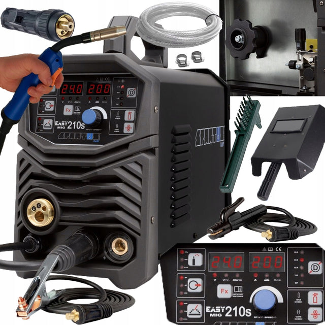 Spawarka migomat Spartus EasyMig 210S Synergia 200A MMA TIG lift 3W1 półautomat spawalniczy 230 V, lekki sprzęt do spawania 9 kg
