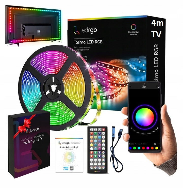 Taśma LED USB 5050 TV RGB 4m Ledy do Telewizora Podświetlenie pilot apka 5V oświetlenie ambientowe, kolorowe światło