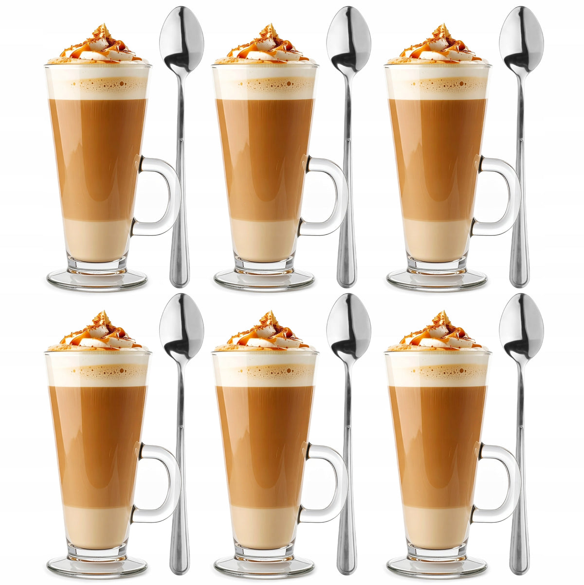 SZKLANKI DO LATTE herbaty Wysokie ZESTAW SZKLANEK do kawy 6szt + ŁYŻECZKI szkło 250 ml, bezbarwne, do mycia w zmywarce