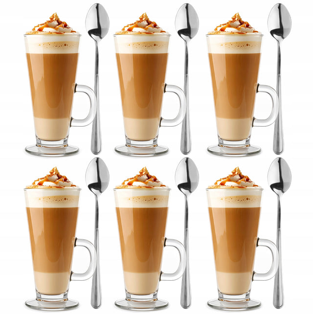 Szklanki do latte herbaty Wysokie zestaw szklanek do kawy 6szt + łyżeczki szkło 250 ml, bezbarwne, do mycia w zmywarce
