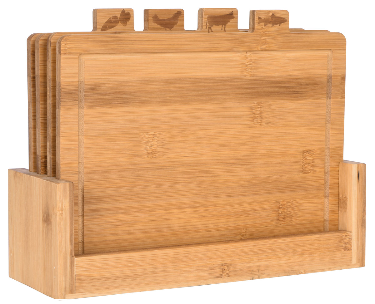Zestaw deska do krojenia serwowania kuchenna bambusowa drewniana stojak x4 tace na przekąski, prostokątne 30,5 × 24 cm
