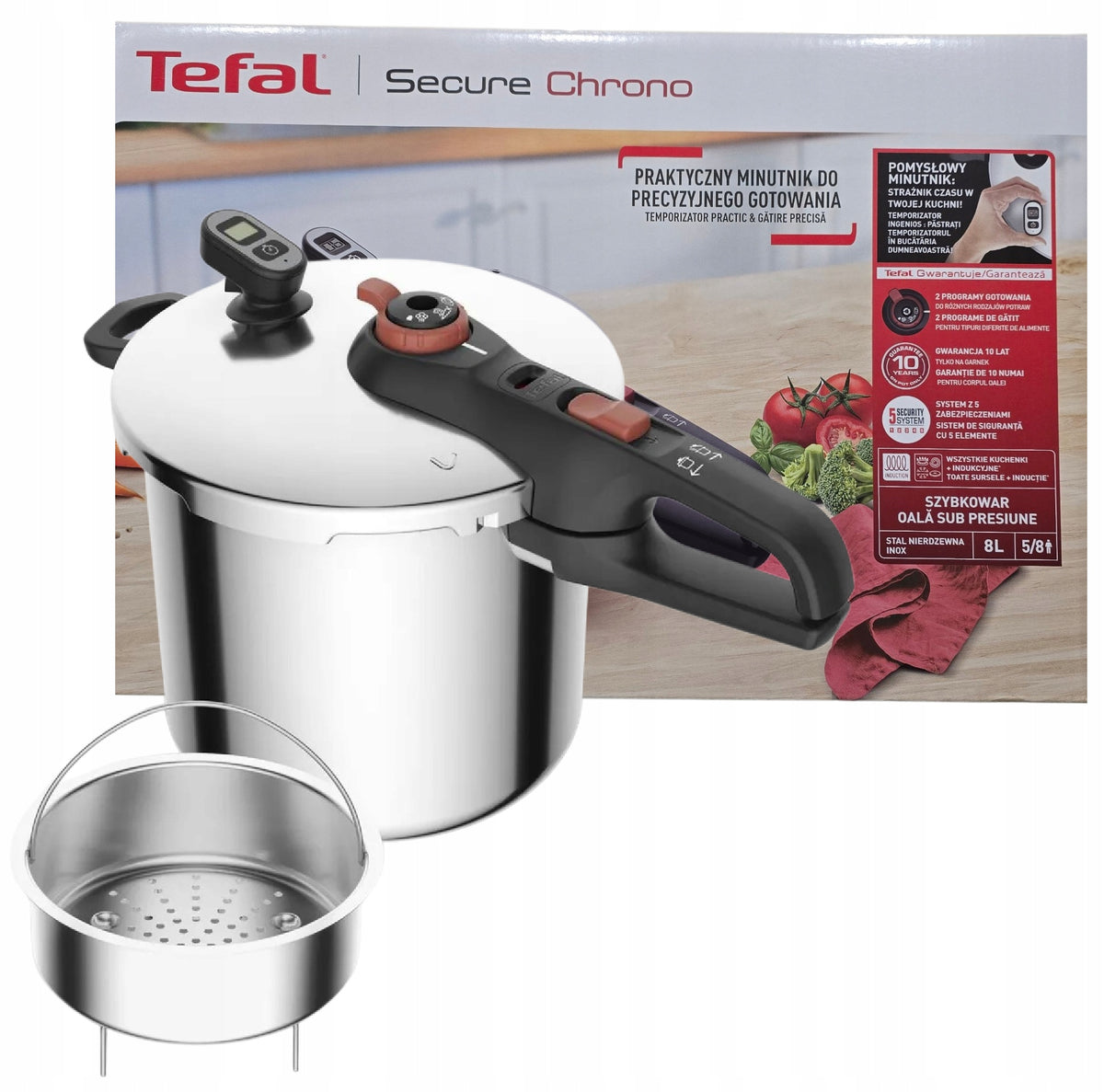 SZYBKOWAR TEFAL SECURE CHRONO NEO ZEGAR KOSZYK P2594401 DUŻY 8L INDUKCJA garnek ciśnieniowy, do gotowania pod