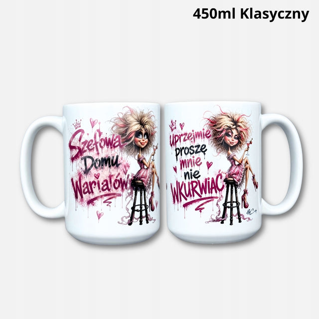 Kubek Szefowa domu wariatów klasyczny 330 450 ml prezent naczynie ceramiczne do kawy i herbaty, białe, śmieszny upominek dla gospodyni