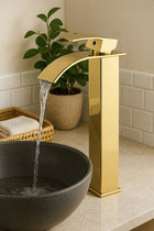 Bateria umywalkowa chrom wysoka złota nablatowa wodospad glamur gold 30 CM kran łazienkowy jednouchwytowy stojący stała