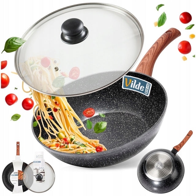 Wok granitowy duża patelnia głęboka do smażenia duszenia 28 cm + pokrywka nieprzywierająca, indukcja, zmywarka, nienagrzewające się uchwyty