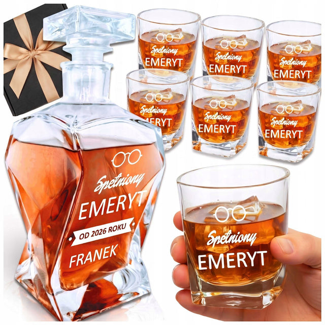 Karafka prezent zestaw urodziny z grawerem do whisky szklanki dla emeryta naczynie na trunki, 750 ml, szkło do serwowania alkoholu do bourbonu 750ml