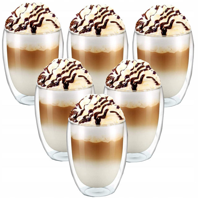 6x szklanki termiczne do kawy latte drinków 350ml atestowane z podwójną ścianką, do herbaty, przezroczyste szkło naczynia do espresso cappuccino