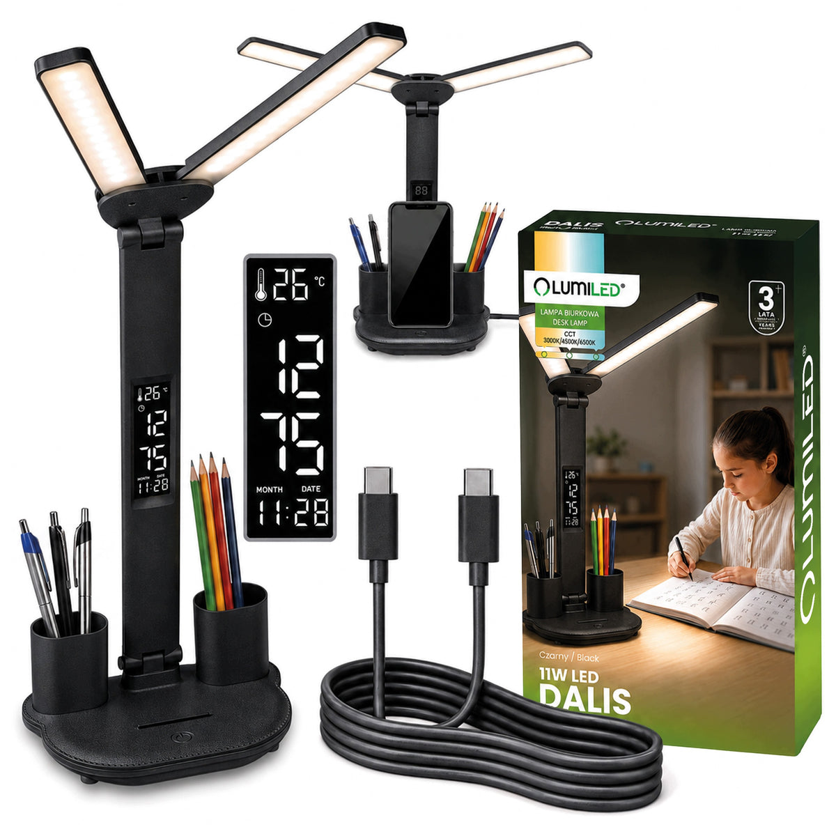 Lampka Biurkowa LED Podwójna z Wyświetlaczem Organizer Zegar na Biurko 6w1 ściemniana, regulowane ramię, dotykowy