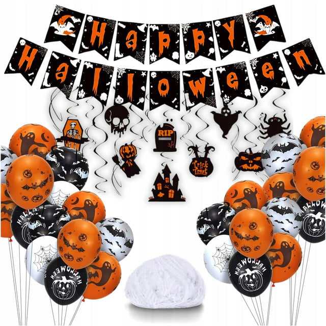 Girlanda happy halloween dekoracja balony duch dynia pajęczyna zestaw 51el. ozdoba na imprezę przebieraną, przyjęcie tematyczne, wielokolorowa