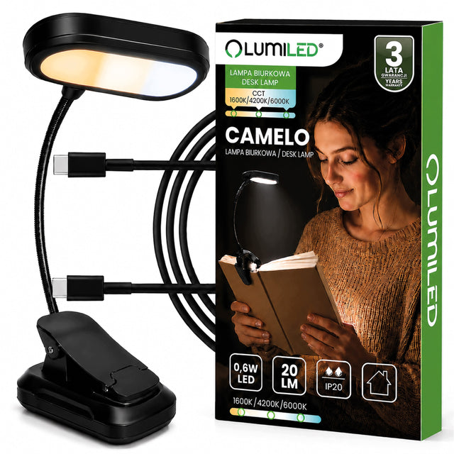 Lampka do Czytania Książek LED z Klipsem Regulowana USB Nocna Biurkowa ściemniana, dotykowy włącznik, zmienna barwa światła, czarna