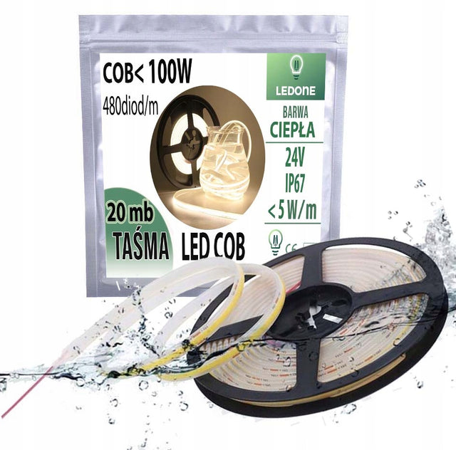 Taśma LED COB 24V 5w/m IP67 neon linia ciepła termococon wodoodporna 20MB wąż świetlny do dekoracji i podświetlenia, biały ciepły, 100 w