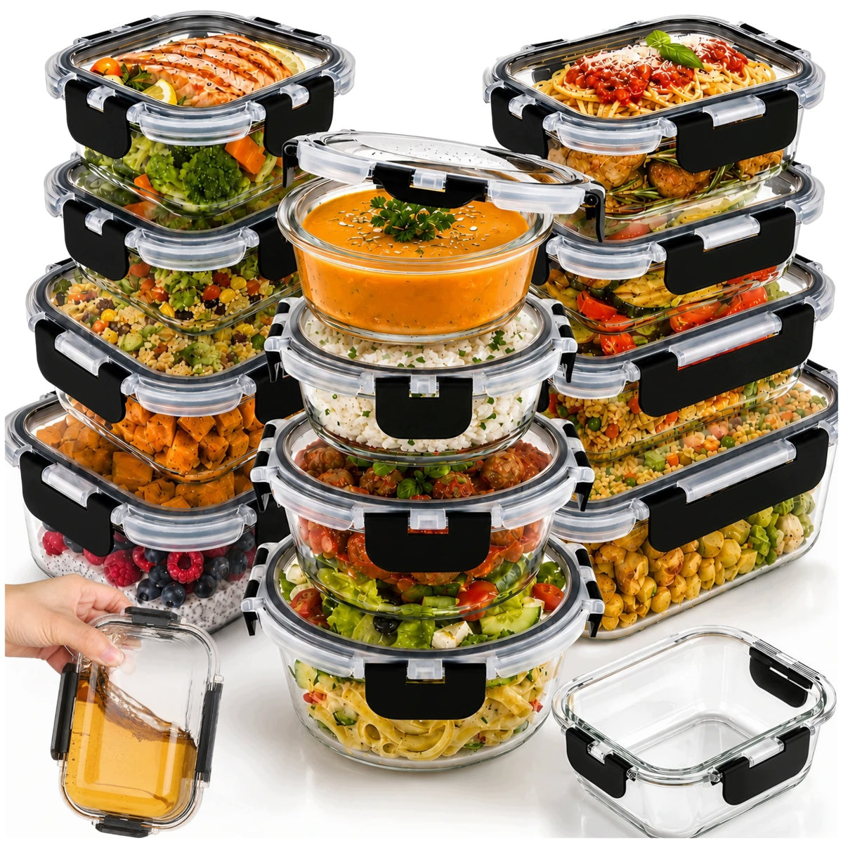 12 x lunchbox szklane pojemniki na żywność uszczelka żaroodporne zestaw 9.7 l bezbarwny, czarny