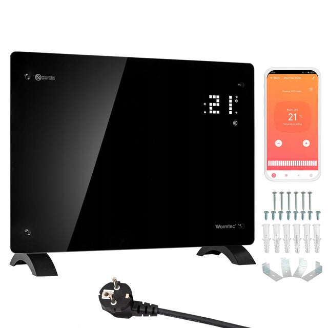 Grzejnik elektryczny konwektorowy szklany z termostatem WiFi 1,5kW EGW-15C panel grzewczy do pokoju, ogrzewanie domu, czarny