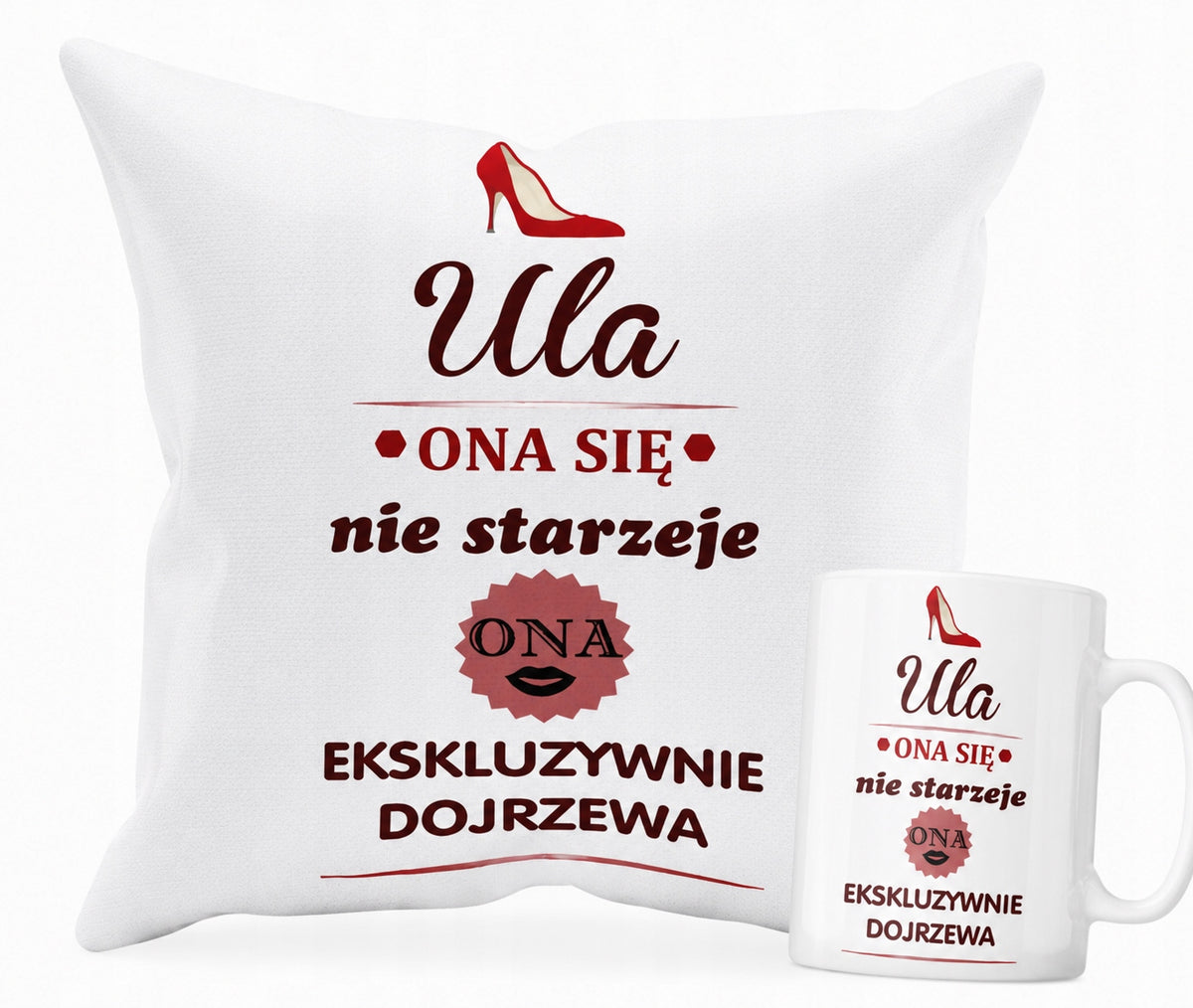 Prezent na 18-99 urodziny dla kobiety zestaw kubek z nadrukiem, poduszka dekoracyjna, upominek dla żony mamy cioci