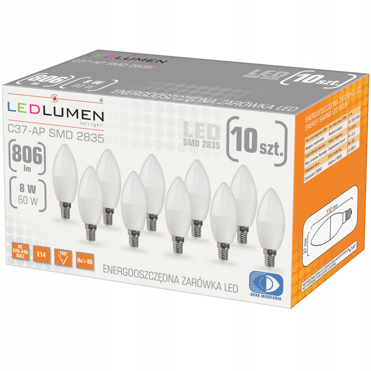 Zestaw 10x Żarówka LED E14 8W=60W Świeczka 806lm 160° Premium Ciepła 3000K źródło światła do kinkietu, żyrandola i