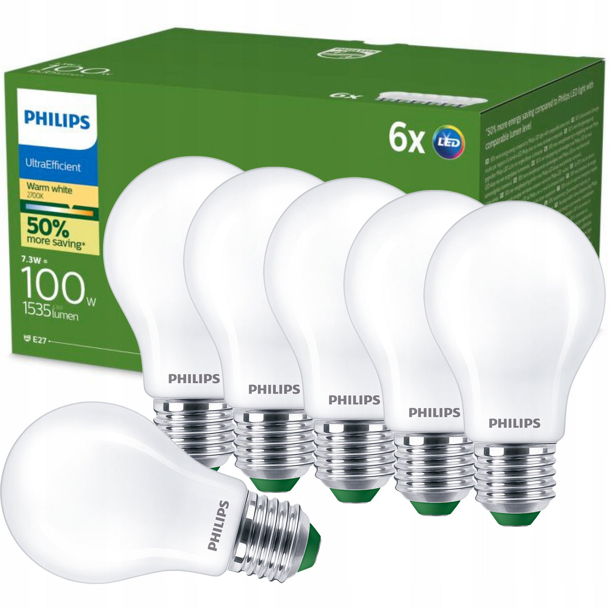 Żarówka LED E27 philips 7.3W 100W 1535lm 210lm/W 2700K Ciepła klasa a 6 szt gwintu 7.3 w 3 szt.