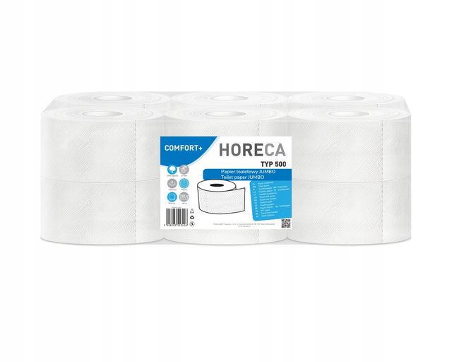 Papier toaletowy Horeca 500 jumbo 100% celuloza, 2W, 12 rolek biały, bezzapachowy, suchy do łazienek i sanitariatów