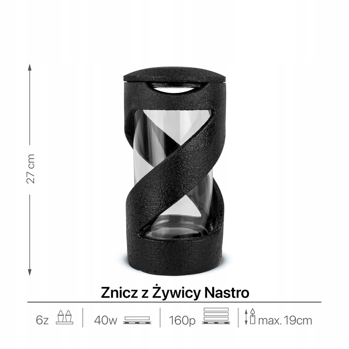 Znicz Elegancki Żywiczny 27 cm Czarny Znicz na Cmentarz Artystyczny Nastro lampion nagrobny parafinowy dekoracja grobu