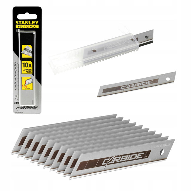 Ostrze łamane stanley fatmax carbide 18mm (10 szt) zapasowe wkłady do nożyka segmentowego, do cięcia