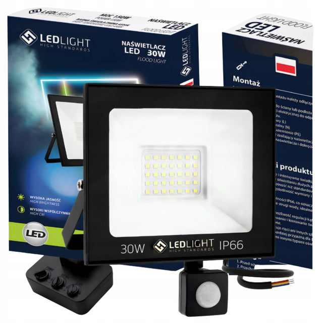 Halogen LED z czujnikiem ruchu 30W lampa Reflektor Naświetlacz zewnętrzny oświetlenie posesji 2700 lm 6500 K zimna biel IP66