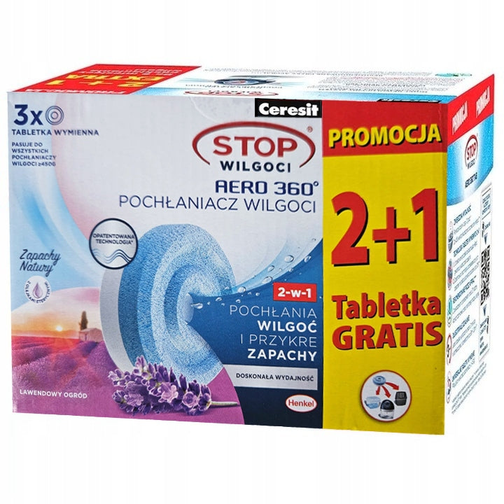 Wymienny wkład/tabletki ceresit AERO360 lawendowy 3x450g o zapachu lawendy wkład do pochłaniacza 1350 ml z 33 sztuk