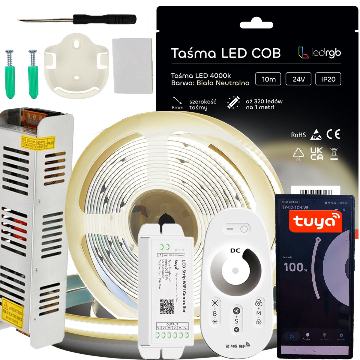 Zestaw Taśma LED COB 24V 10m 4000K biała neutralna zasilacz tuya wifi pilot oświetlenie dekoracyjne do wnętrz