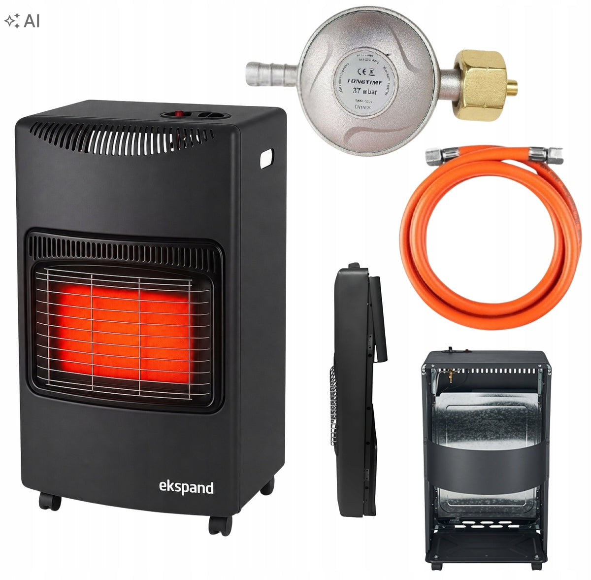 Piecyk gazowy na butle gaz grzejnik reduktor wąż składany 4,2kw CE 420 mm 730 mm grzewcza czarny