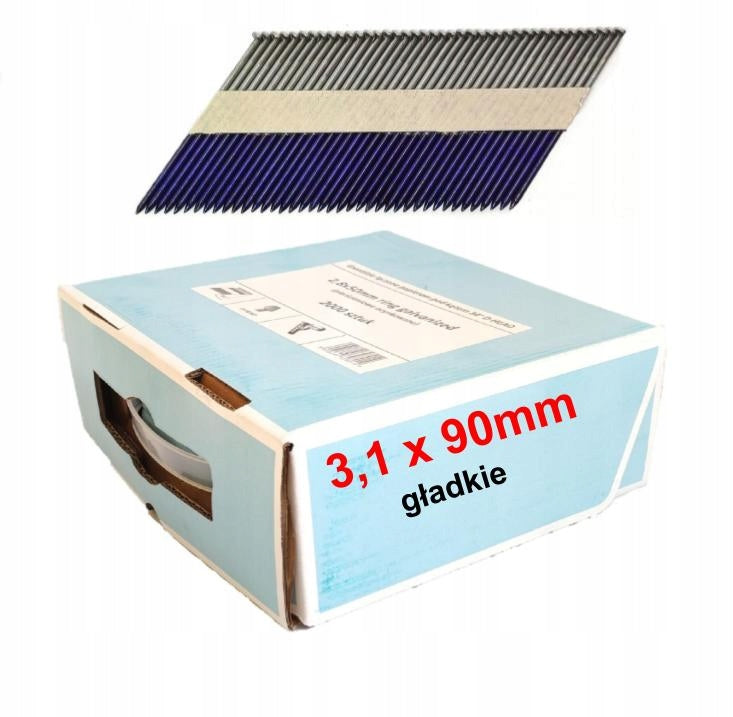 Gwoździe do gwoździarki łączone papierem 3,1x90mm gładkie 34° 2000szt. konstrukcje drewniane, ciesielstwo, montaż
