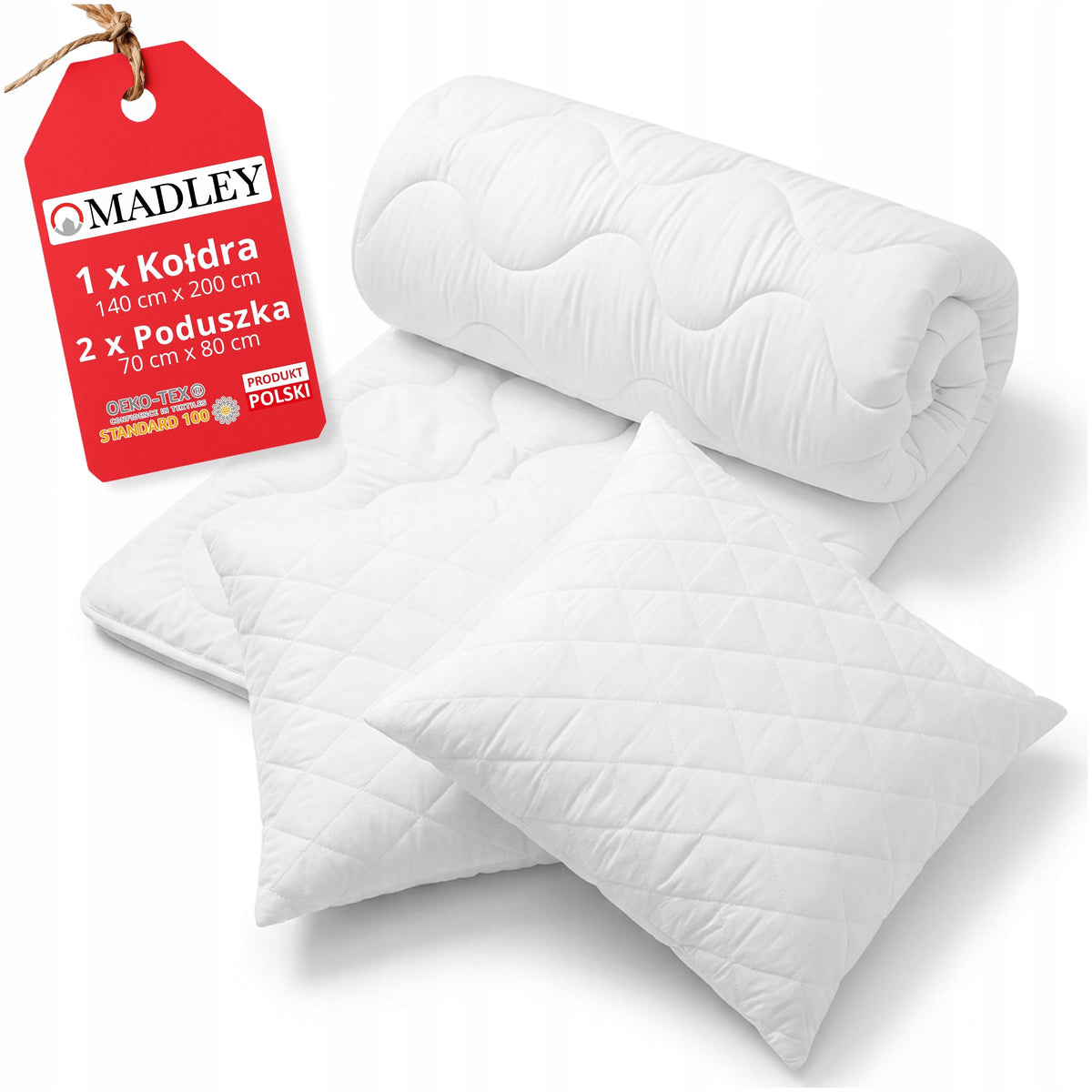 Kołdra antyalergiczna Całoroczna 140x200 + 2 Poduszki 70x80 Komplet Premium mikrofibra biała, pikowane jaśki do sypialni