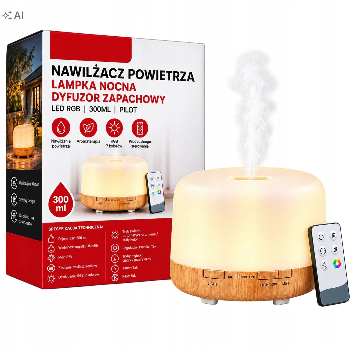 Nawilżacz Powietrza Lampka Nocna Dyfuzor Zapachowy LED Rgb 300ml Pilot biały