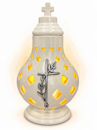 Znicz ceramiczny ażurowy biały kremowy z krzyżem lampion nagrobny premium świecznik cmentarny, ozdoba na grób, wysokość