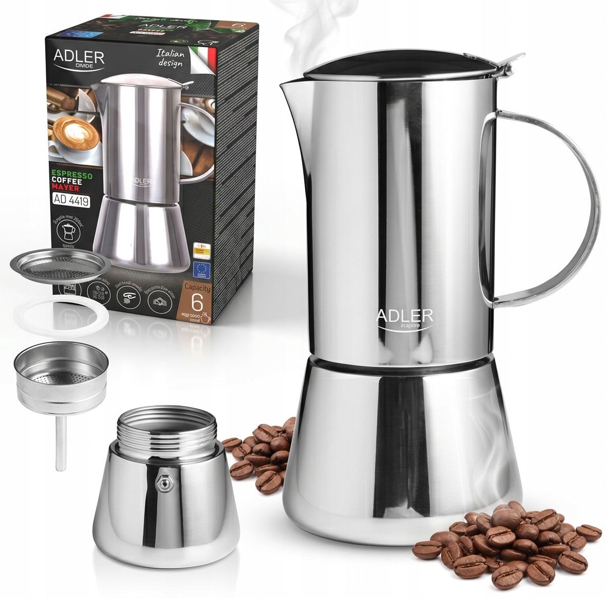 Kawiarka zaparzacz do kawy Espresso 6 filiżanek - 350ml stal nierdzewna moka, na indukcję, możliwość mycia w zmywarce